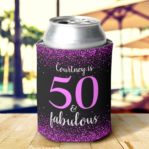 Sparkly Pink Black 50 and Fabulous Custom Name Can Cooler