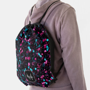 Sparkly pink blue mosaic glitter sparkle Monogram Drawstring Bag