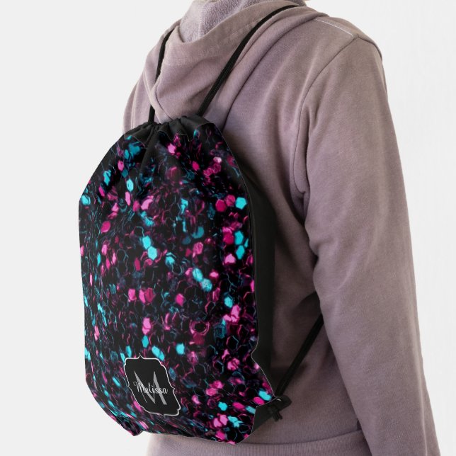  Sparkly pink blue mosaic glitter sparkle Monogram Drawstring Bag (Insitu)