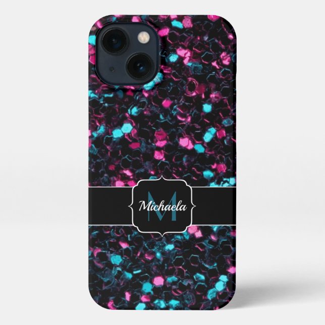  Sparkly pink blue mosaic glitter sparkle Monogram iPhone Case (Back)