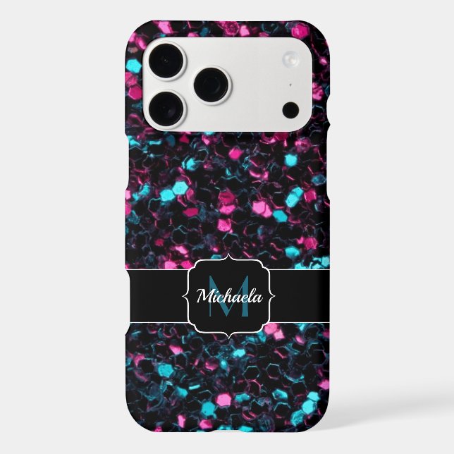  Sparkly pink blue mosaic glitter sparkle Monogram iPhone Case (Back)
