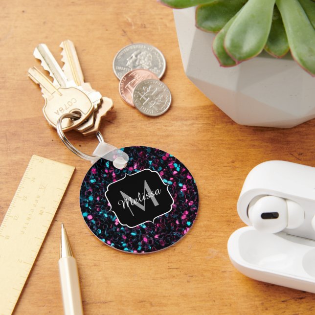  Sparkly pink blue mosaic glitter sparkle Monogram Keychain (Desk)