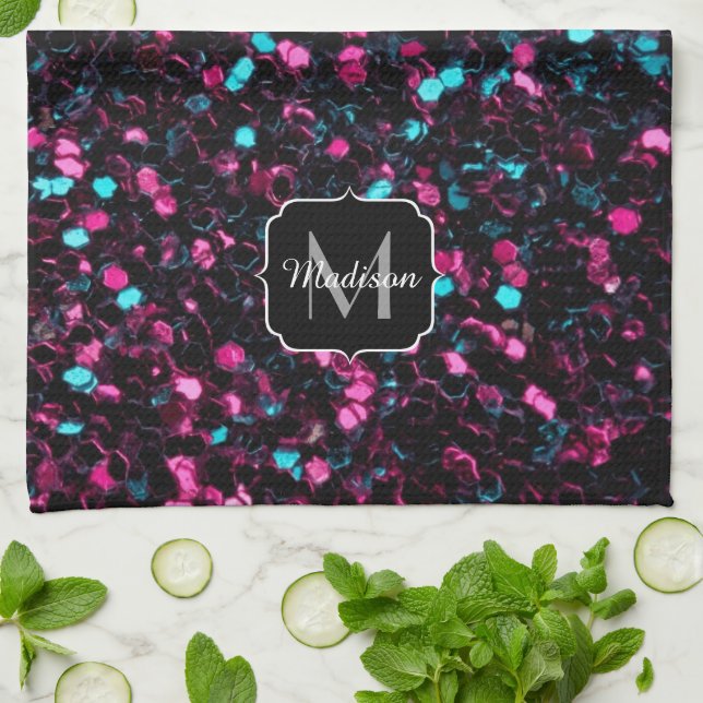  Sparkly pink blue mosaic glitter sparkle Monogram Kitchen Towel (Folded)