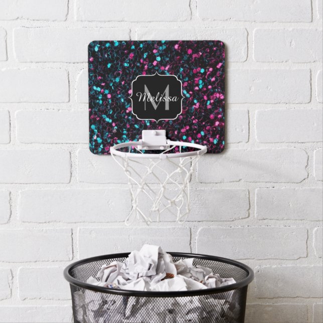  Sparkly pink blue mosaic glitter sparkle Monogram Mini Basketball Hoop (In Situ)