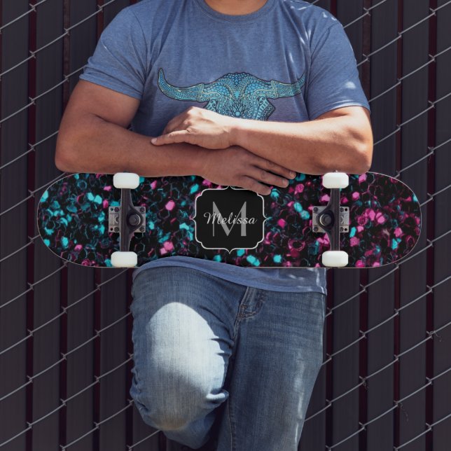  Sparkly pink blue mosaic glitter sparkle Monogram Skateboard Deck (Outdoor 3)