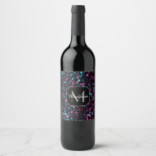  Sparkly pink blue mosaic glitter sparkle Monogram Wine Label