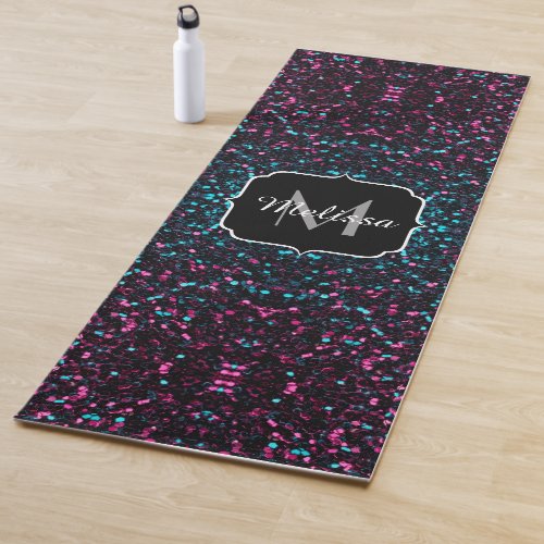  Sparkly pink blue mosaic glitter sparkle Monogram Yoga Mat