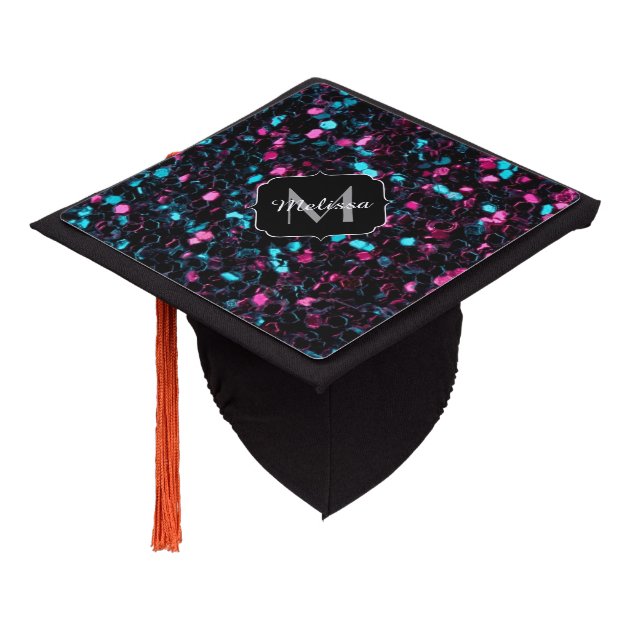Sparkly Pink Blue Mosaic Glitter Sparkles Monogram Graduation Cap Topper