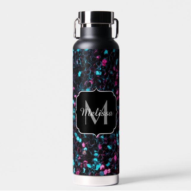 Sparkly pink blue mosaic glitter sparkles Monogram Water Bottle (Front)