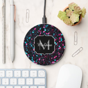 Sparkly pink blue mosaic glitter sparkles Monogram Wireless Charger