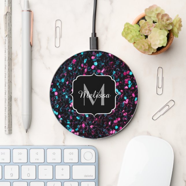 Sparkly pink blue mosaic glitter sparkles Monogram Wireless Charger (Desk)