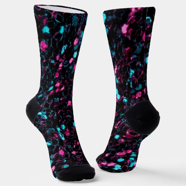 Sparkly pink blue mosaic glitter sparkles socks (Angled)