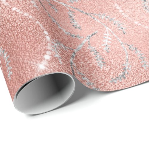 Sparkly Pink Crystal Laurel Floral Silver Diamonds Wrapping Paper