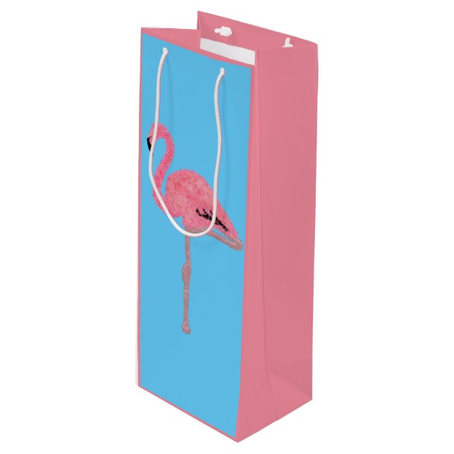 Sparkly pink flamingo wine gift bag (Front Angled)