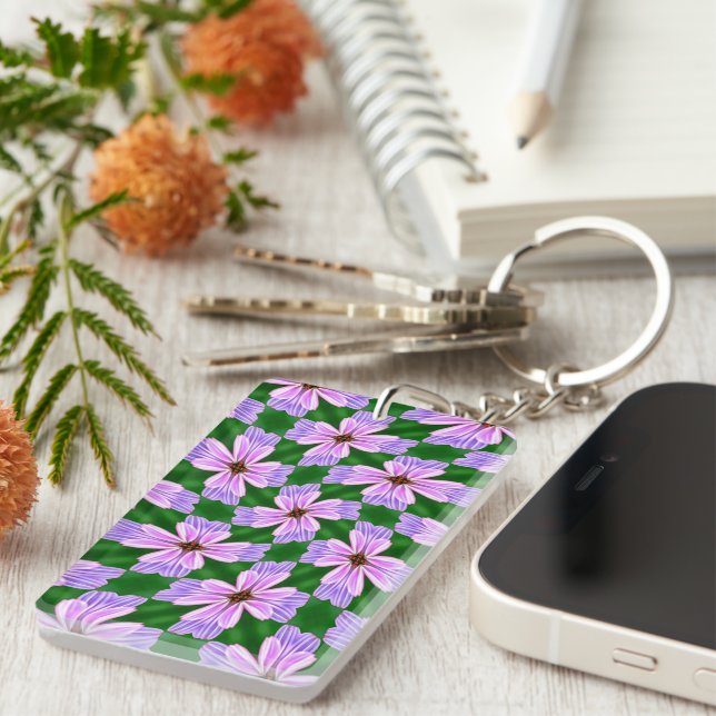 Sparkly Pink Flowers Pattern Keychain (Front Right)