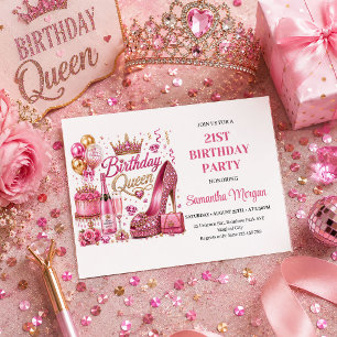 Sparkly Pink Gold Birthday Queen Party Celebration Invitation