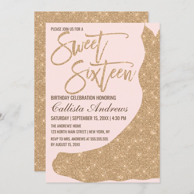 Sparkly Pink Gold Glitter Dress Sweet 16 Invitation (Front/Back)