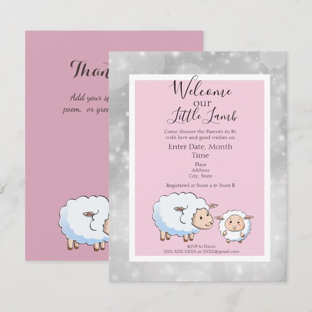Sparkly Pink, Gray Lamb Baby Girl Shower Supplies Invitation (Front/Back)