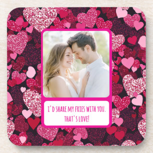 Sparkly Pink Hearts Share My Fries Beverage Coaster