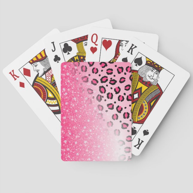 Sparkly Pink Leopard Print Decor For Teen Girls Poker Cards (Back)