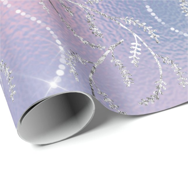 Sparkly Pink Lilac Laurel Floral Silver Diamonds Wrapping Paper (Roll Corner)