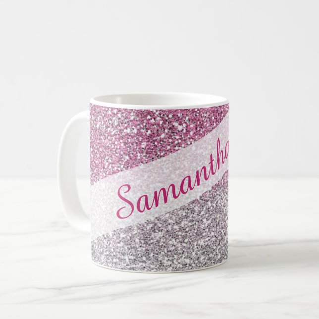 Sparkly Pink Ombre Glitter Name Personalized Coffee Mug (Front Left)