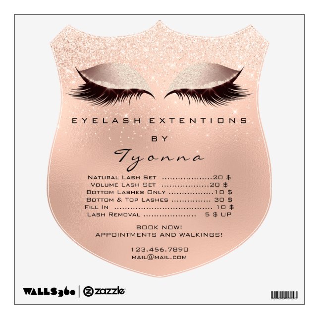 Sparkly Pink Rose Lashes Price List Makeup Artist Wall Decal (Front)