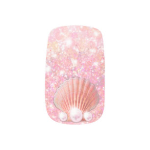 Sparkly Pink Sand with Seashell and Pearl Nail Art