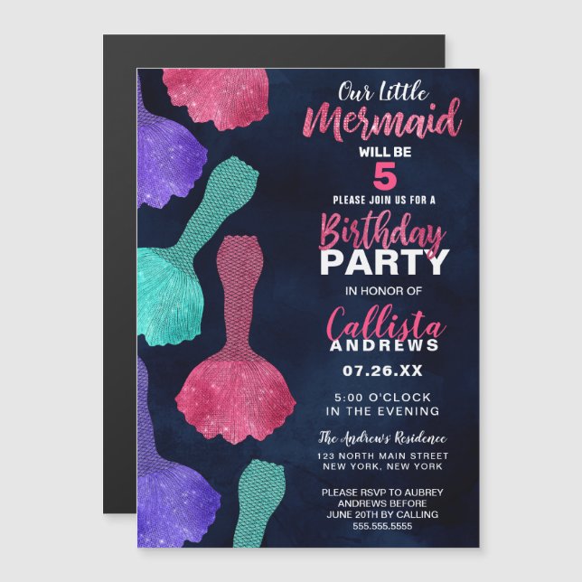 Sparkly Pink Teal Glitter Mermaid Tails Birthday Magnetic Invitation (Front/Back)