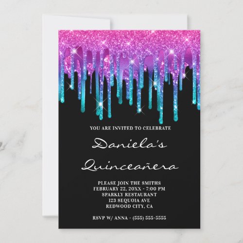 Sparkly Pink Teal Gradient Drip Black Quinceaera Invitation