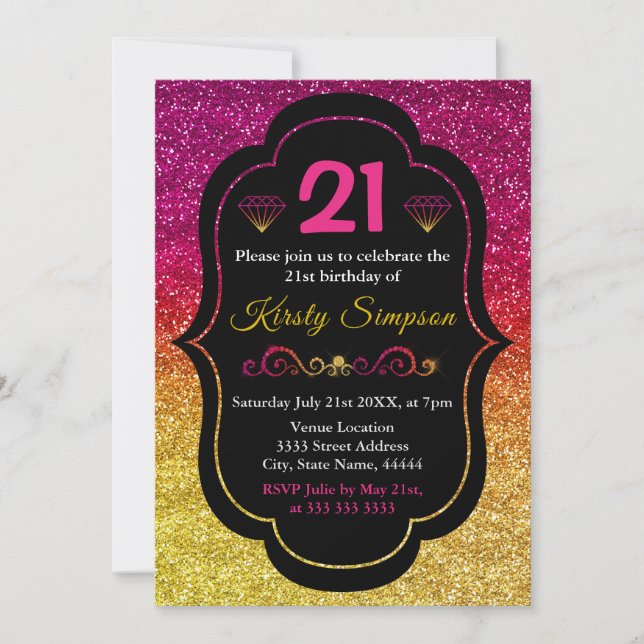 Sparkly Pink & Yellow Gradient Glitter Birthday Invitation (Front)
