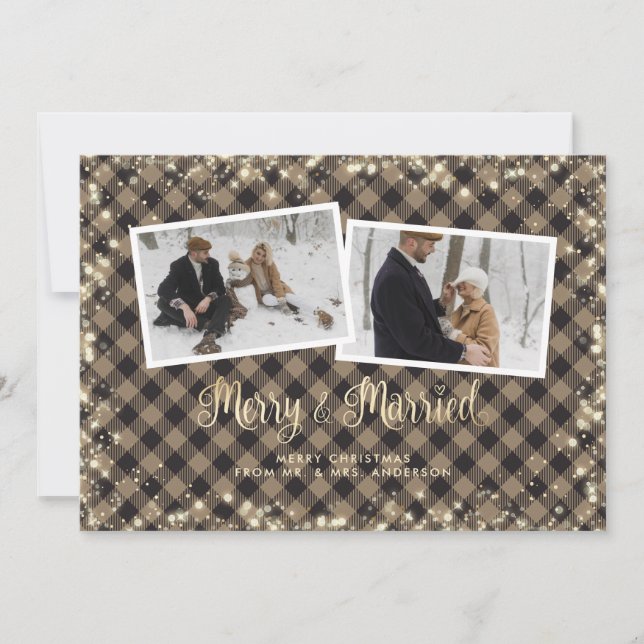 Sparkly Plaid Gold Newlywed Photo Christmas Holiday Card (Front)