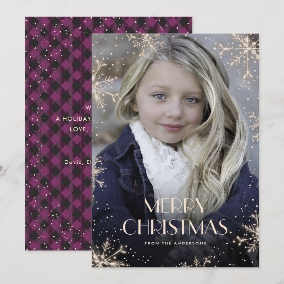 Sparkly Purple Buffalo Plaid Photo Christmas Card