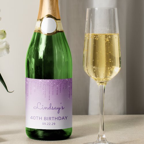 Sparkly Purple Glitter Drip 40th Birthday Party Sparkling Wine Label