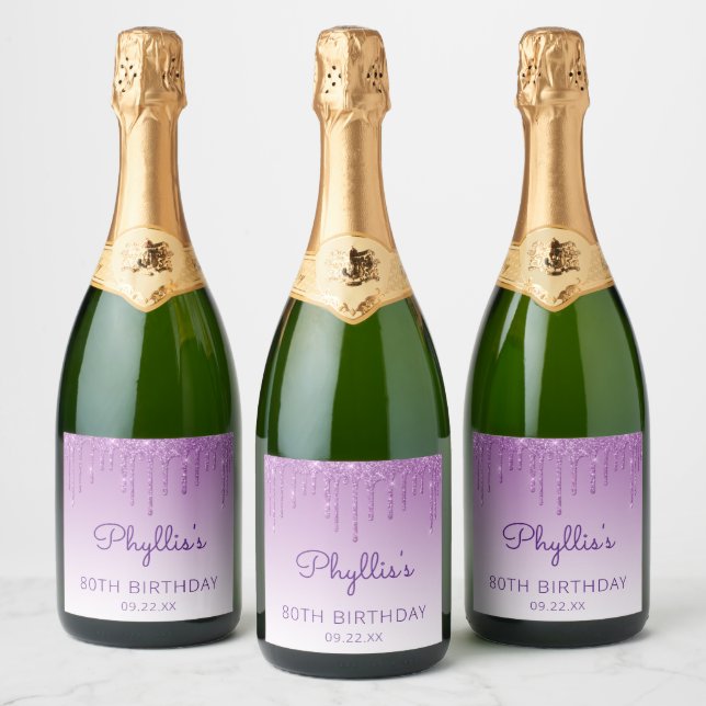 Sparkly Purple Glitter Drip 70th Birthday Party Sparkling Wine Label (Bottles)