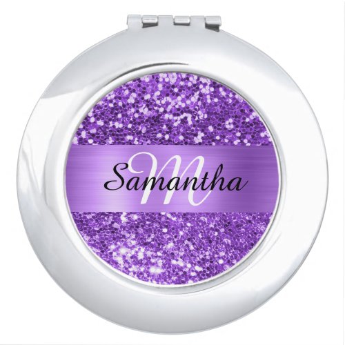 Sparkly Purple Glitter Foil Monogram Compact Mirror