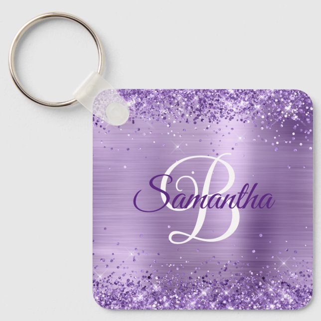 Sparkly Purple Glitter Girly Foil Monogrammed Keychain (Front)