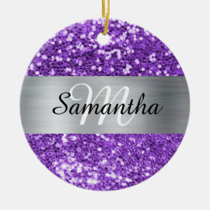 Sparkly Purple Glitter Silver Foil Monogram Ceramic Ornament
