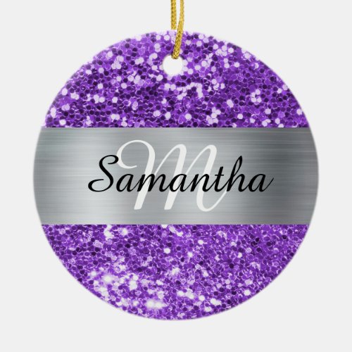 Sparkly Purple Glitter Silver Foil Monogram Ceramic Ornament