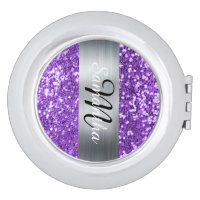 Purple Brushed Metal Silver Glitter Monogram Name Compact Mirror