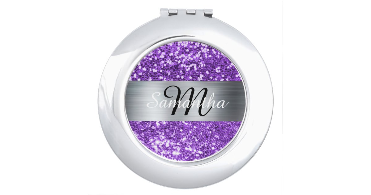 Purple Brushed Metal Silver Glitter Monogram Name Compact Mirror