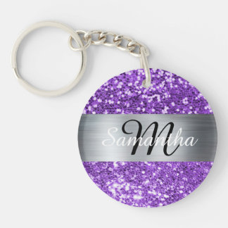 Sparkly Purple Glitter Silver Foil Monogram Keychain