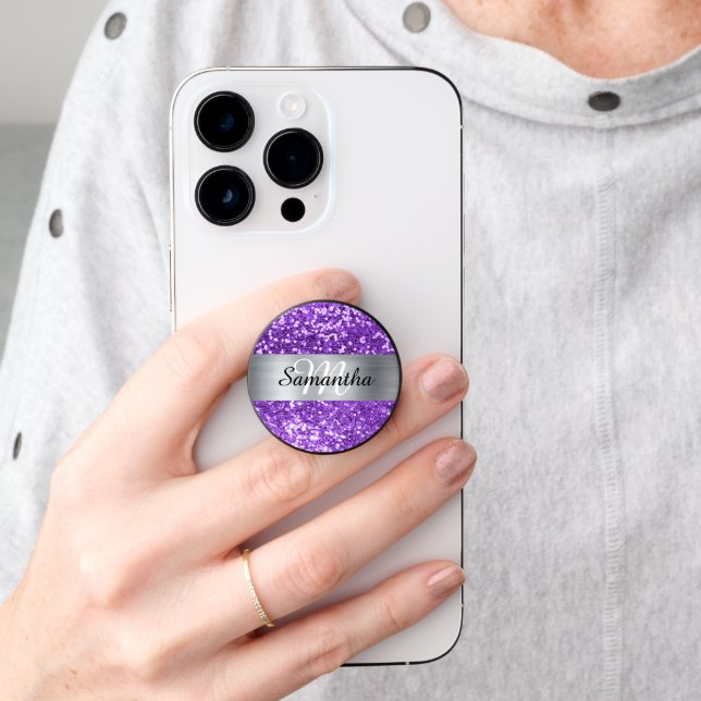 Sparkly Purple Glitter Silver Foil Monogram PopSocket (Hand)