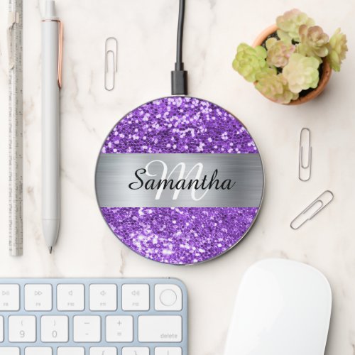 Sparkly Purple Glitter Silver Foil Monogram Wireless Charger