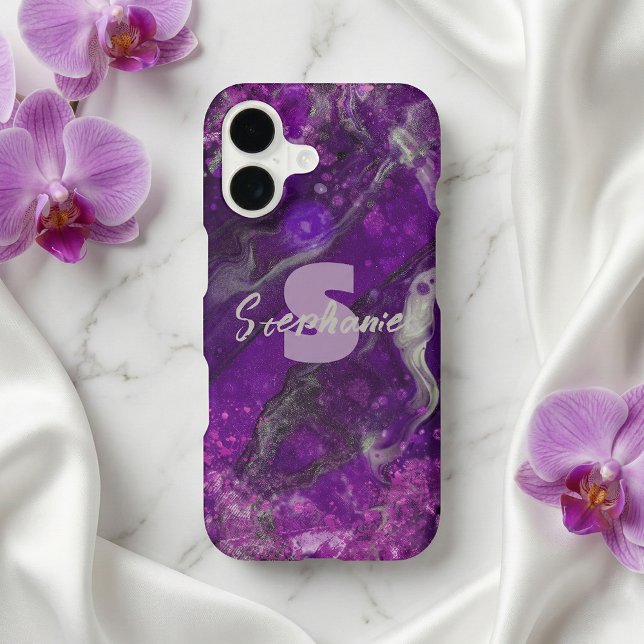 Sparkly Purple Marble Agate Glam Monogram Script Case-Mate iPhone Case (Creator Uploaded)