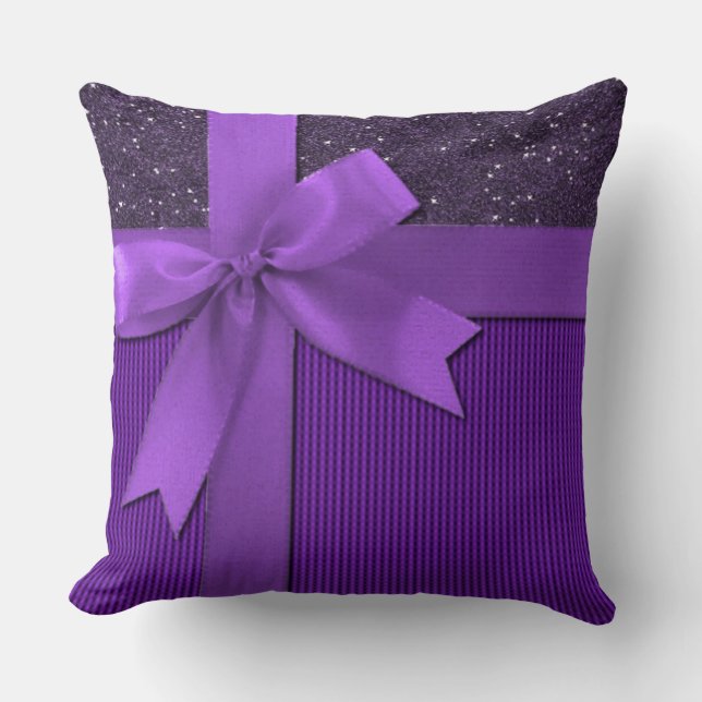 Sparkly Purple Ribbon Throw Pillow (Front)