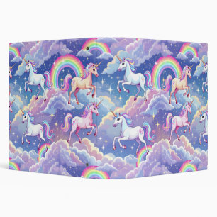 Sparkly rainbow and unicorns on clouds 3 ring binder
