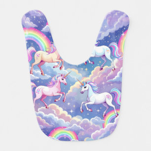 Sparkly rainbow and unicorns on clouds baby bib