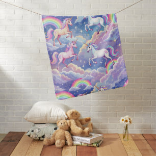 Sparkly rainbow and unicorns on clouds baby blanket