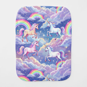 Sparkly rainbow and unicorns on clouds baby burp cloth